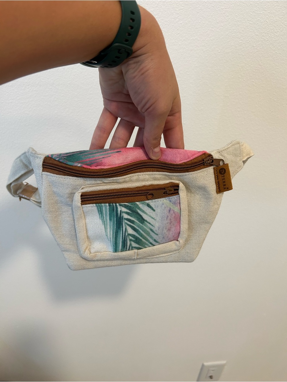 Canvas Crossbody Waist Bag with Pink Tropical Accent